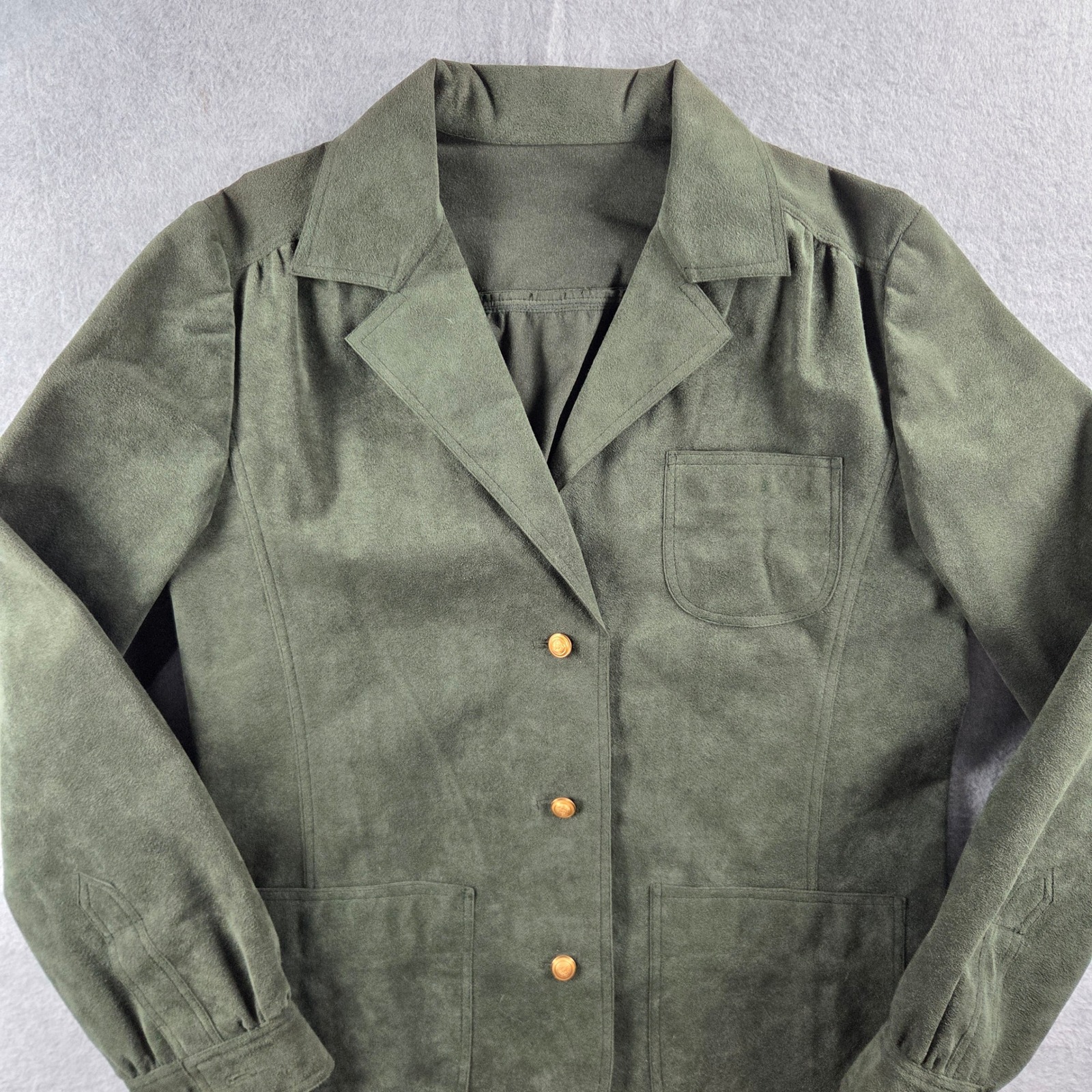 Ernst Strauss Vintage Ultra Suede Blazer Womens 12 Green Gold Crown Button Usa